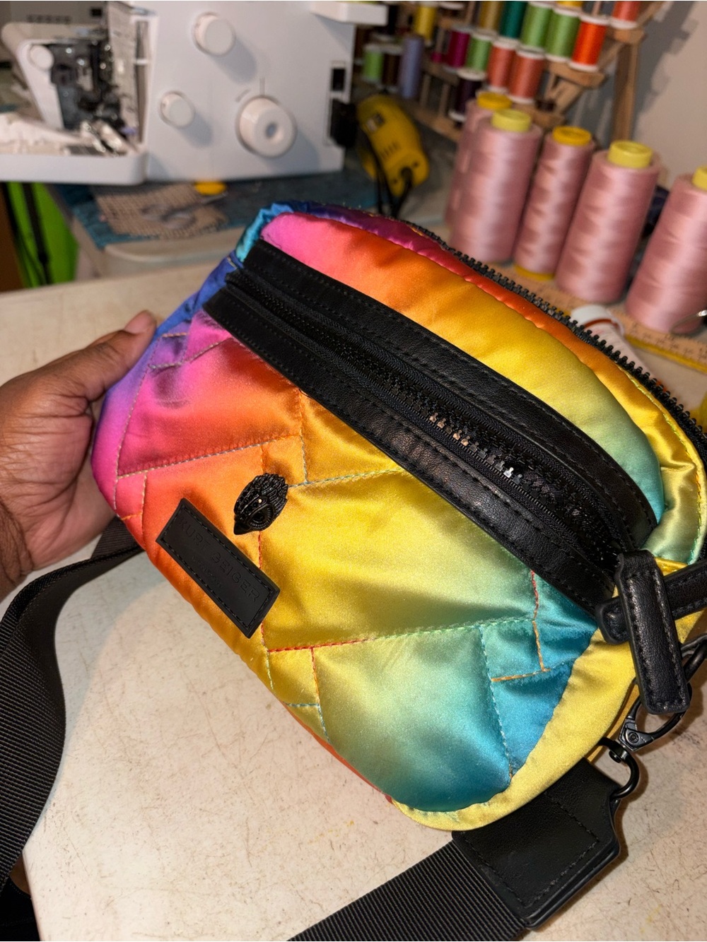 Kurt Geiger Quilted Rainbow Satin Crossbody - Multicolor with Black Trim